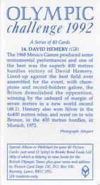 1992 Brooke Bond Olympic Challenge #14 David Hemery Back