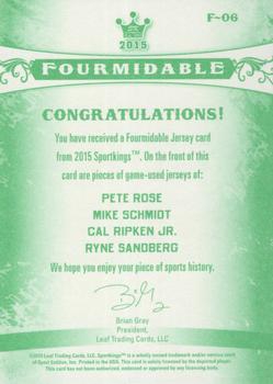 2015 Leaf Sportkings - Fourmidable Memorabilia Green #F-06 Pete Rose / Mike Schmidt / Cal Ripken Jr. / Ryne Sandberg Back
