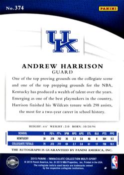 2015 Panini Immaculate Collection Collegiate - Immaculate Numbers Rookie Autographs #374 Andrew Harrison Back