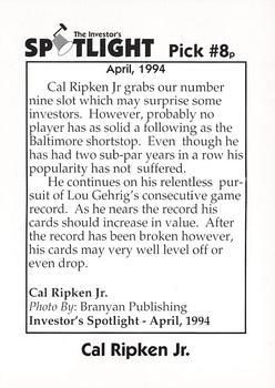 1994 Investor's Spotlight (unlicensed) #8p Cal Ripken, Jr. Back
