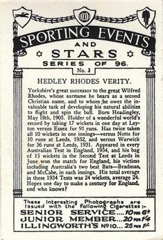 1935 J.A. Pattreiouex Sporting Events and Stars #3 Hedley Rhodes Verity Back
