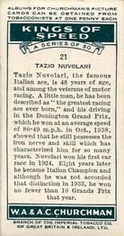 1939 Churchman's Kings of Speed #21 Tazio Nuvolari Back