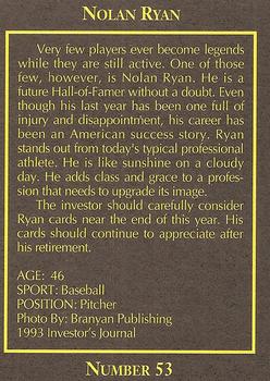 1993 The Investor's Journal - Blue #53 Nolan Ryan Back