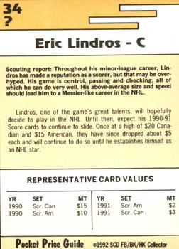 1992 SCD Football, Basketball & Hockey Collector Pocket Price Guide #34 Eric Lindros Back