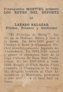 1946-47 Propagandas Montiel Los Reyes del Deporte (Cuba) #23 Lazaro Salazar Back