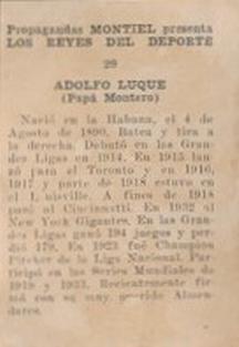 1946-47 Propagandas Montiel Los Reyes del Deporte (Cuba) #29 Adolfo Luque Back
