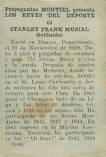 1946-47 Propagandas Montiel Los Reyes del Deporte (Cuba) #64 Stan Musial Back