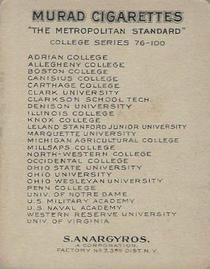 1909-12 Murad Cigarettes (T51) #NNO Ohio Wesleyan University Back