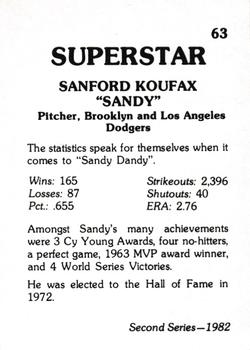1982 TCMA Superstars #63 Sandy Koufax Back