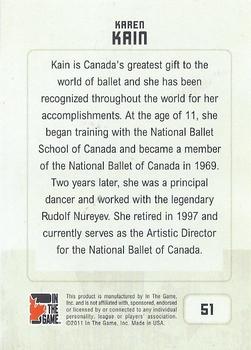 2011 In The Game Canadiana - Sapphire #51 Karen Kain Back