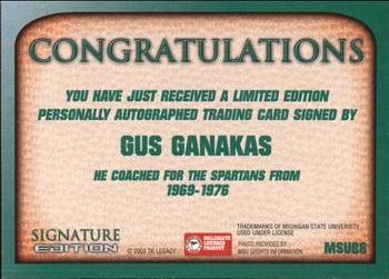 2003 TK Legacy Michigan State Spartans - Autographs #SB6 Gus Ganakas Back