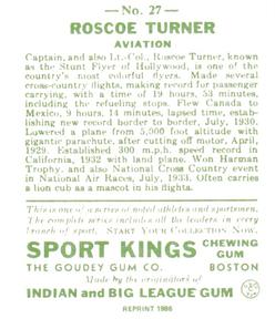 1986 1933 Sport Kings Reprint #27 Col. Roscoe Turner Back