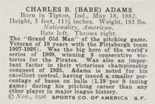 1926 Spalding Champions #NNO Babe Adams Back