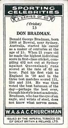 1931 Churchman's Sporting Celebrities #15 Don Bradman Back