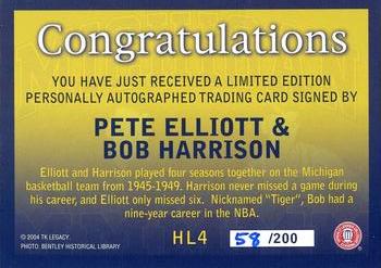 2004 TK Legacy Michigan Wolverines - Historical Links Autographs #HL4 Pete Elliott / Bob Harrison Back
