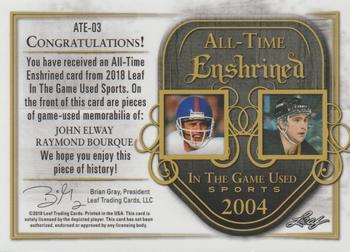 2018 Leaf In The Game Used Sports - All-Time Enshrined Relics Purple Prismatic #ATE-03 John Elway / Raymond Bourque Back