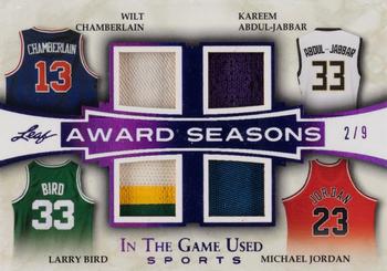 2018 Leaf In The Game Used Sports - Award Seasons Relics Purple Prismatic #AS-08 Wilt Chamberlain / Kareem Abdul-Jabbar / Larry Bird / Michael Jordan Front