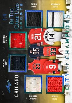 2018 Leaf In The Game Used Sports - City of Champions Relics Blue Prismatic #CC05 Michael Jordan / Bobby Hull / Richard Dent / Scottie Pippen / Stan Mikita / Paul Konerko Front