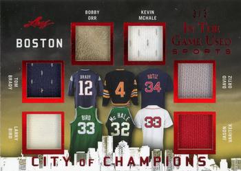 2018 Leaf In The Game Used Sports - City of Champions Relics Red Prismatic #CC02 Tom Brady / Larry Bird / Bobby Orr / Kevin McHale / David Ortiz / Jason Varitek Front