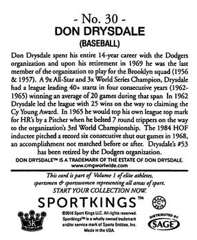 2018 Sportkings - Mini #30 Don Drysdale Back