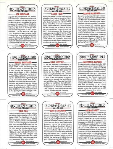 1991 Allan Kaye's Sports Cards News Magazine - Panels Standard-Sized 1992 #82 - 90 Joe Montana / Kevin Todd / Ramon Martinez / Benito Santiago / Dave Justice / Hakeem Olajuwon / Rick Fox / Scott Erickson / George Brett Back