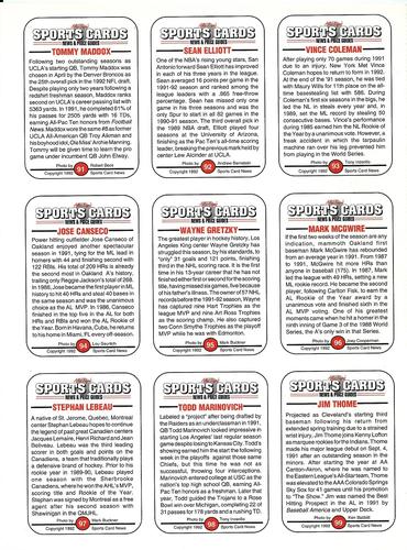 1991 Allan Kaye's Sports Cards News Magazine - Panels Standard-Sized 1992 #91 - 99 Tommy Maddox / Sean Elliott / Vince Coleman / Jose Canseco / Wayne Gretzky / Mark McGwire / Stephan LeBeau / Todd Marinovich / Jim Thome Back