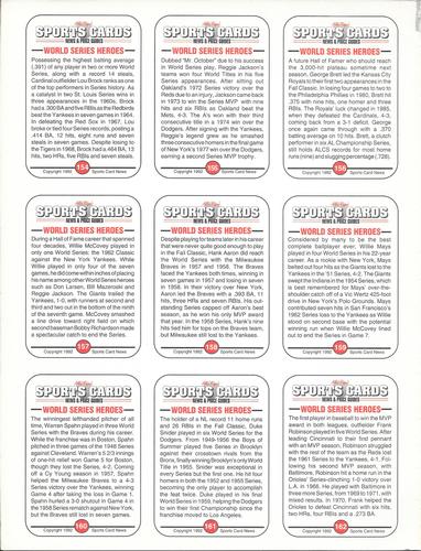 1991 Allan Kaye's Sports Cards News Magazine - Panels Standard-Sized 1992 #154 - 162 Lou Brock / Reggie Jackson / George Brett / Willie McCovey / Hank Aaron / Willie Mays / Warren Spahn / Duke Snider / Frank Robinson Back