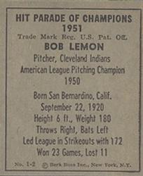 1951 Berk Ross #1-2 Bob Lemon Back