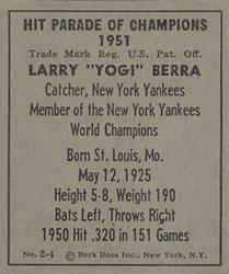1951 Berk Ross #2-4 Yogi Berra Back
