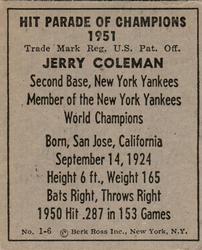 1951 Berk Ross #1-6 Jerry Coleman Back