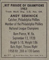 1951 Berk Ross #3-7 Andy Seminick Back