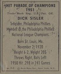 1951 Berk Ross #3-8 Dick Sisler Back