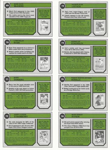 1992 SCD Sports Card Price Guide Monthly - Full Sheets #69-76 Mark McGwire / Nolan Ryan / Barry Sanders / Darryl Strawberry / Pat Listach / Dennis Eckersley / Bobby Bonilla / Mark Rypien Back