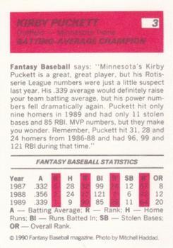 1990 Baseball Cards Presents Fantasy Baseball #3 Kirby Puckett Back