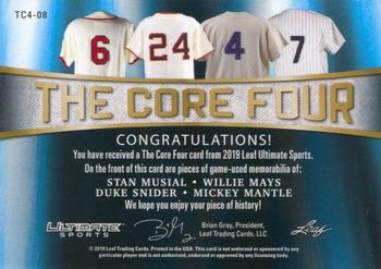 2019 Leaf Ultimate Sports - The Core 4 Relics Platinum #TC4-08 Stan Musial / Willie Mays / Duke Snider / Mickey Mantle Back