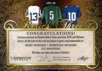 2019 Leaf Ultimate Sports - The Ultimate Relics 3 Gold #UR3-20 Kurt Warner / Donovan McNabb / Eli Manning Back