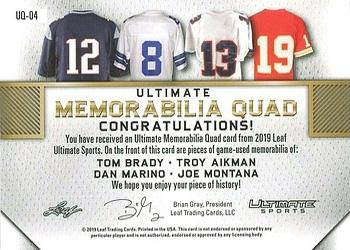 2019 Leaf Ultimate Sports - Ultimate Memorabilia Quad #UQ-04 Tom Brady / Troy Aikman / Dan Marino / Joe Montana Back