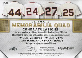 2019 Leaf Ultimate Sports - Ultimate Memorabilia Quad Red #UQ-07 Willie McCovey / Willie Mays / Juan Marichal / Barry Bonds Back