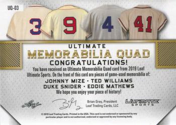 2019 Leaf Ultimate Sports - Ultimate Memorabilia Quad Silver #UQ-03 Johnny Mize / Ted Williams / Duke Snider / Eddie Mathews Back