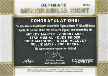 2019 Leaf Ultimate Sports - Ultimate Memorabilia 8 Purple #U8-06 Mickey Mantle / Johnny Mize / Stan Musial / Duke Snider / Eddie Mathews / Willie McCovey / Willie Mays / Yogi Berra Back