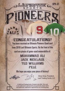 2019 Leaf Ultimate Sports - Ultimate Pioneers 4 Relics #UP4-01 Muhammad Ali / Jack Nicklaus / Ted Williams / Pelé Back