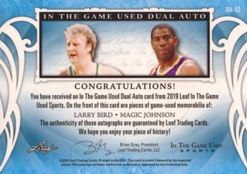2019 Leaf In the Game Used - Dual Autographs Purple #DA-02 Larry Bird / Magic Johnson Back