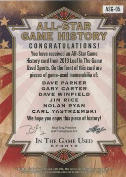 2019 Leaf In the Game Used - All-Star Game History 6 Relics Purple #ASG-05 Dave Parker / Gary Carter / Dave Winfield / Jim Rice / Nolan Ryan / Carl Yastrzemski Back