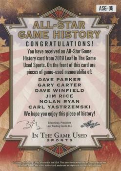 2019 Leaf In the Game Used - All-Star Game History 6 Relics Red #ASG-05 Dave Parker / Gary Carter / Dave Winfield / Jim Rice / Nolan Ryan / Carl Yastrzemski Back