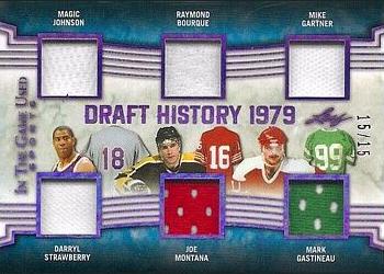 2019 Leaf In the Game Used - Draft History 6 Relics Purple #DH-05 Magic Johnson / Darryl Strawberry / Raymond Bourque / Joe Montana / Mike Gartner / Mark Gastineau Front