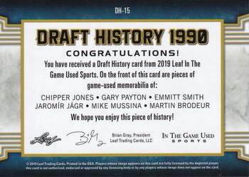 2019 Leaf In the Game Used - Draft History 6 Relics Magenta #DH-15 Chipper Jones / Gary Payton / Emmitt Smith / Jaromír Jágr / Mike Mussina / Martin Brodeur Back