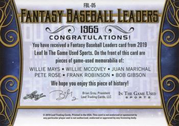 2019 Leaf In the Game Used - Fantasy Baseball Leaders 6 Relics Silver #FBL-05 Willie Mays / Willie McCovey / Juan Marichal / Pete Rose / Frank Robinson / Bob Gibson Back