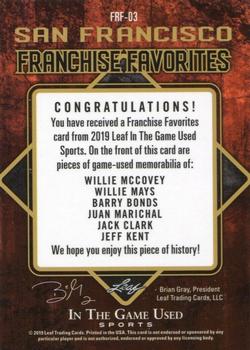 2019 Leaf In the Game Used - Franchise Favorites 6 Relics #FRF-03 Willie McCovey / Willie Mays / Barry Bonds / Juan Marichal / Jack Clark / Jeff Kent Back