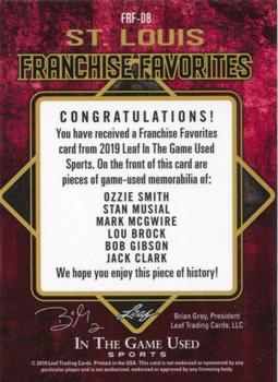 2019 Leaf In the Game Used - Franchise Favorites 6 Relics Red #FRF-08 Ozzie Smith / Stan Musial / Mark McGwire / Lou Brock / Bob Gibson / Jack Clark Back
