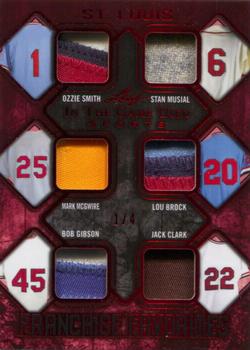 2019 Leaf In the Game Used - Franchise Favorites 6 Relics Red #FRF-08 Ozzie Smith / Stan Musial / Mark McGwire / Lou Brock / Bob Gibson / Jack Clark Front